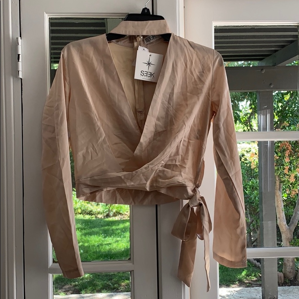 Champagne long sleeve wrap: side tie, choker neck
